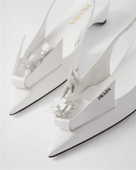 prada booties with flower apliques on heel|White Brushed Leather Pumps With Floral Appliqués .